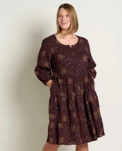 Manzana Tiered Long Sleeve Dress -Toad&Co Sales Store T1781204 Carob Floral Print 4